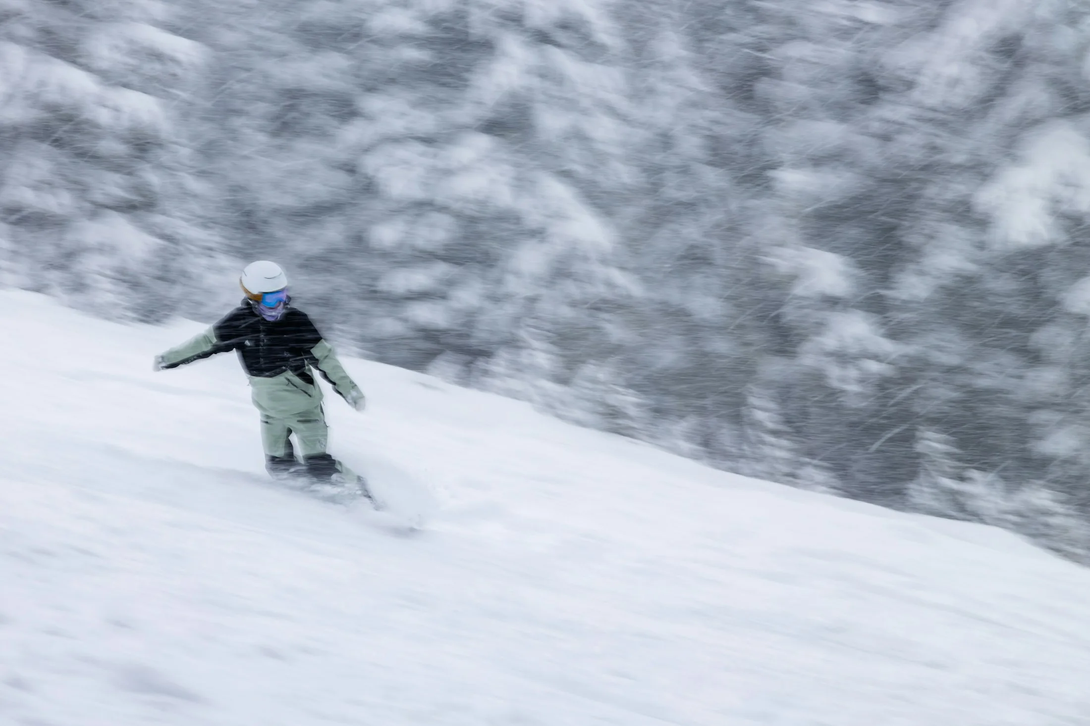 A snowboarder riding powder through a snowy forest